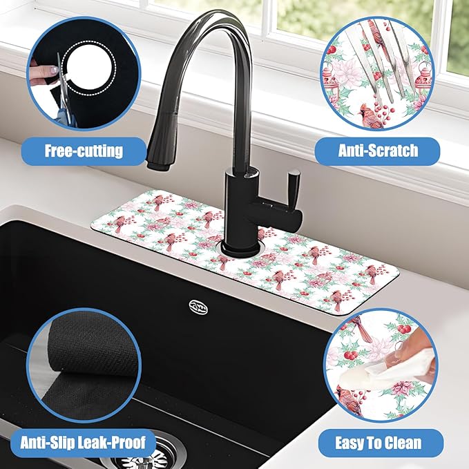 Chrismas Sink Splash Guard Faucet Mat Cute Christmas Absorbent Fast Drying Mat Sink Gadgets Splash Guard Behind Faucet Drip Catcher for Kitchen Bathroom 15.5"X5.5"