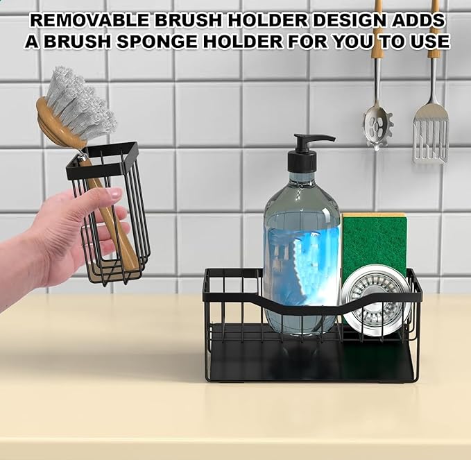 Sponge Holder for Kitchen Sink with Auto Draining Tray,Kitchen Sink Caddy Organizer with Rag Holder, Rustproof Stainless Steel Kitchen Organizers Soap Dispenser Storage Organize