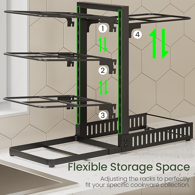 pots and Pans Organizer Under Cabinet, Pot and Pan Organizer Rack, Two-Sided Cookware Holder with Lid Storage, Adjustable Pan Organizer, Pot Holders, for Kitchen, Black TPR40BB
