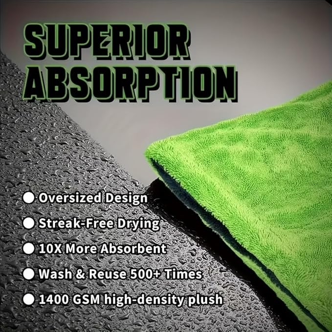 1200GSM Microfiber Car Drying Towel, Double-Twist Loop, Ultra-Absorbent, Quick-Dry, Lint- & Streak-Free, Scratch-Safe, for Car Wash & Detailing (1 Pack) (Dark Grey & Green, 24" x 36")