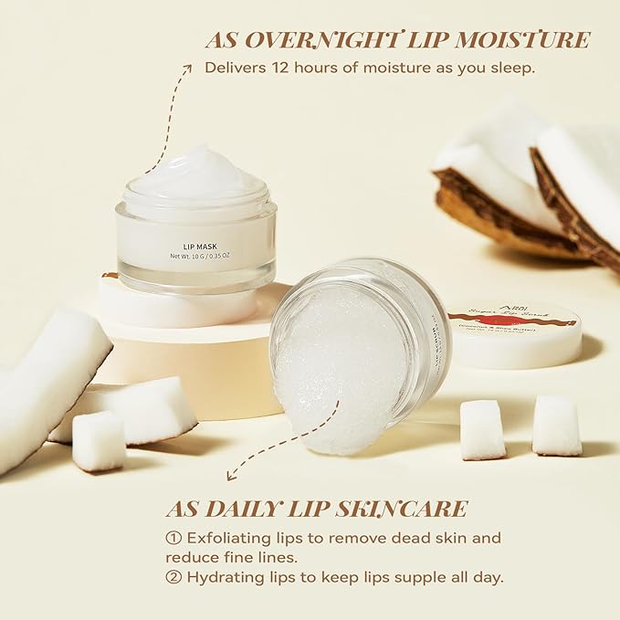 ANAI RUI Coconut Lip Scrub & Lip Mask Set with Shea Butter, Lip Scrubber Exfoliator Enriched with Vitamin E, Sugar Scrub for Dry Lips, Hydrating Lip Mask, Gifts For Women