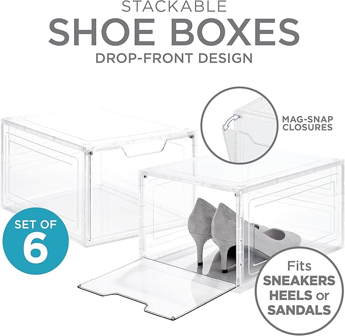 Simplify Shoe Storage Boxes 6 Pack | Easy Assembly | Stackable | Great for Shoe Collectors | Home Organization | Storage | Lightweight | Plastic | Dimensions 13.9" L x 9.8" W x 7" H | Clear/White |