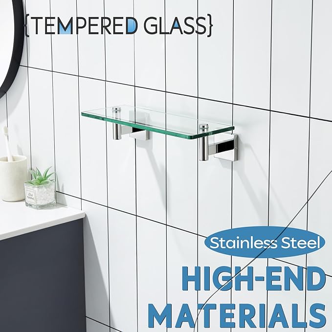 KOKOSIRI Bathroom Shelves Wall Mounted Floating Glass Shelf Polished Stainless Steel 12-Inch Hanging Rack for Storage/Room Decor 2 Pack B1105CH-L12-P2