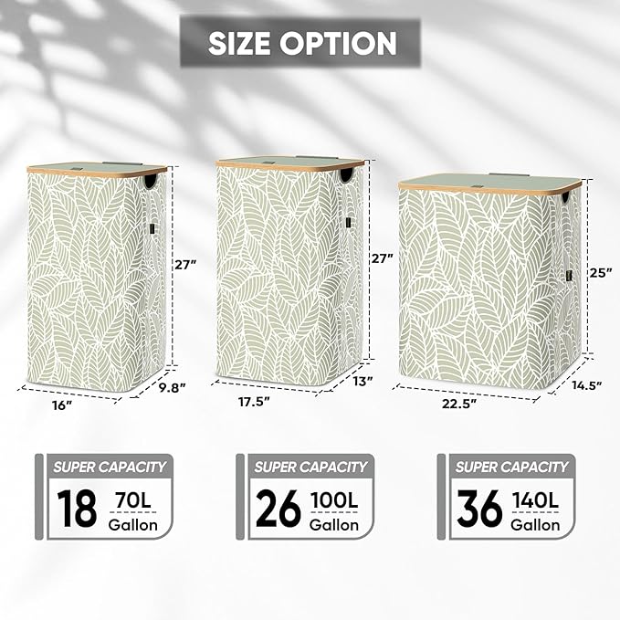 BALEINE Laundry Hamper with Lid, Tall Laundry Baskets with Bamboo Pull Handles, Large Laundry Bin with Internal Support (18 Gal/70L, Antique Foliage)