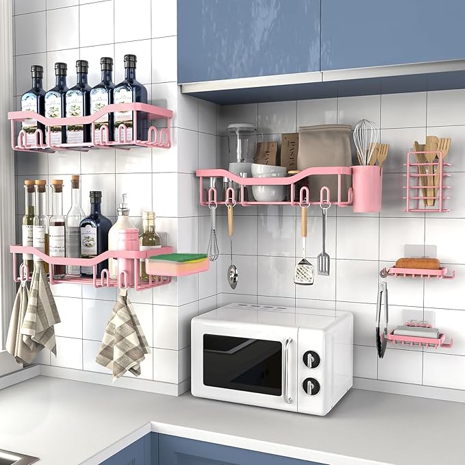 Shower Caddy Adhesive Shower Organizer 8-Pack, Rustproof Stainless Steel Bathroom Shelves, Large Capacity No-Drill Rack Storage Accessories with Soap Dish Toothbrush Holder Hooks
