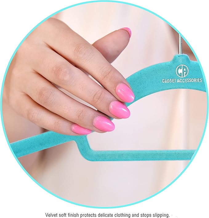 Velvet Hangers, Non-Slip Ultra Slim Space Saving Hanger, with notches, tie bar, and Swivel Hooks, 30 Pack, with Bonus 20 Matching Velvet Finger Clips. Blue (Aqua)