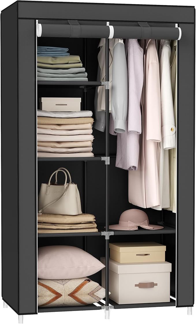 SONGMICS Portable Closet, Fabric Wardrobe, Clothes Rack with Shelves, Pockets, Large Capacity, 1 Hanging Rod, 34.6 x 17.7 x 66.1 Inches, Ink Black URYG84BK