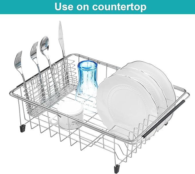 iPEGTOP Expandable Dish Drying Rack Over Sink, Rustproof Stainless Steel Dish Drying Rack Basket Shelf, Multifunctional Dish Drainer Organizer with Utensil Cutlery Holder