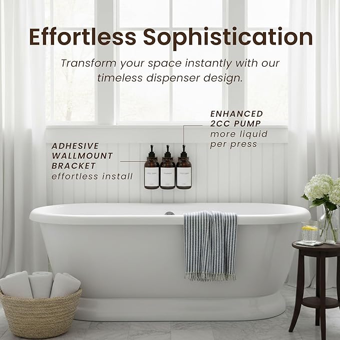 MaisoNovo Shampoo and Conditioner Dispenser - Shower Soap Dispenser Wall Mounted - 16.9 fl oz Set of 3 Amber Plastic Bottles Black Pump - 3 Chamber No Drill