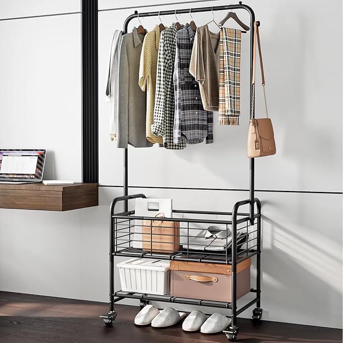 SUOERNUO Laundry Cart with Hanging Rack Rolling Laundry Hamper Sorter with Wheels Shelf,Black