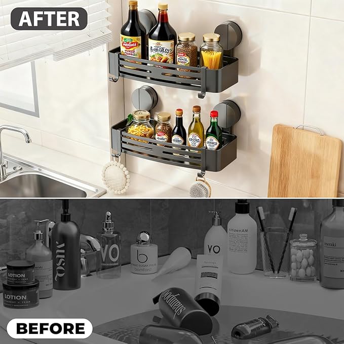 ONXE 2 Pcs Suction Cup Spice Rack,No-drill Extra-strong Suction Spice Shelf for Kitchen Wall,Pantry,Refrigerator,Home,Laundry,Room,Moveable Spice Seasoning Organization and Storage (Gunmetal Gray)