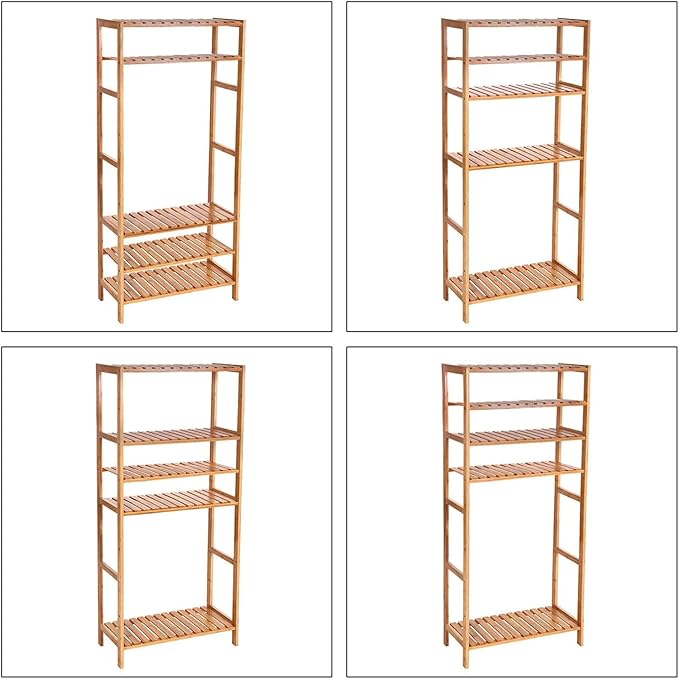 SONGMICS Bamboo Storage Shelf, 5-Tier Shelving Unit, Multifunctional, in The Entryway, Bathroom, Living Room, Balcony, Kitchen, 10.2 x 23.6 x 51.2 Inches, Light Bamboo UBCB35Y