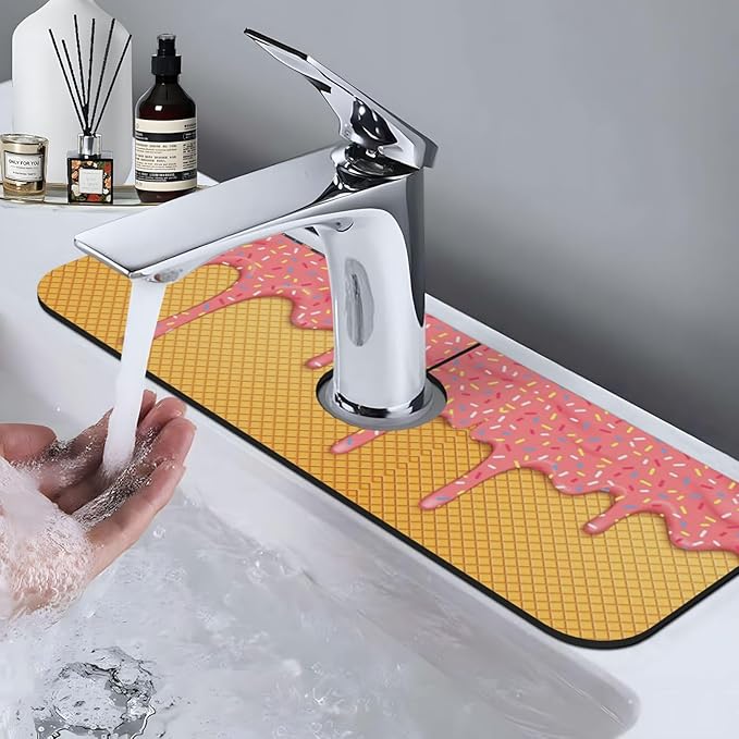 Ice Cream Waffle Cherry Flavor Yummy Summer Dessert 15" X 5.5" Kitchen Sink Splash Guard Faucet Faucet Guard Draining Mat Sink Splash Guard Faucet Kitchen Bathroom