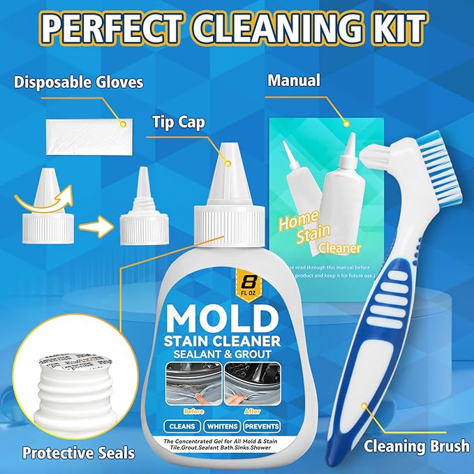 HouseMold Stain Remover Gel, 8 Fl Oz Washing Machine Cleaner with Brush, Heavy Duty Home Stain Remover for Front Loader Washing Machine Seal, Bathroom Grout, Kitchen Sink, Shower, Refrigerator Strip