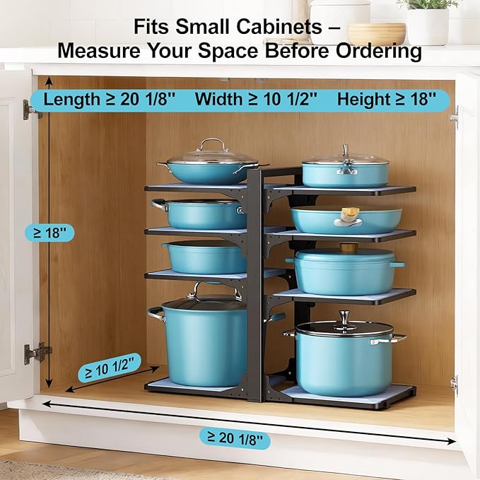 LAMU Pots and Pans Organizer under Cabinet, 8-Tier Heavy Duty Pan Organizers inside Cabinet, Adjustable Pot Rack for Small Kitchen Storage, 15" Height Holds Cast Iron Pans and Skillets Black