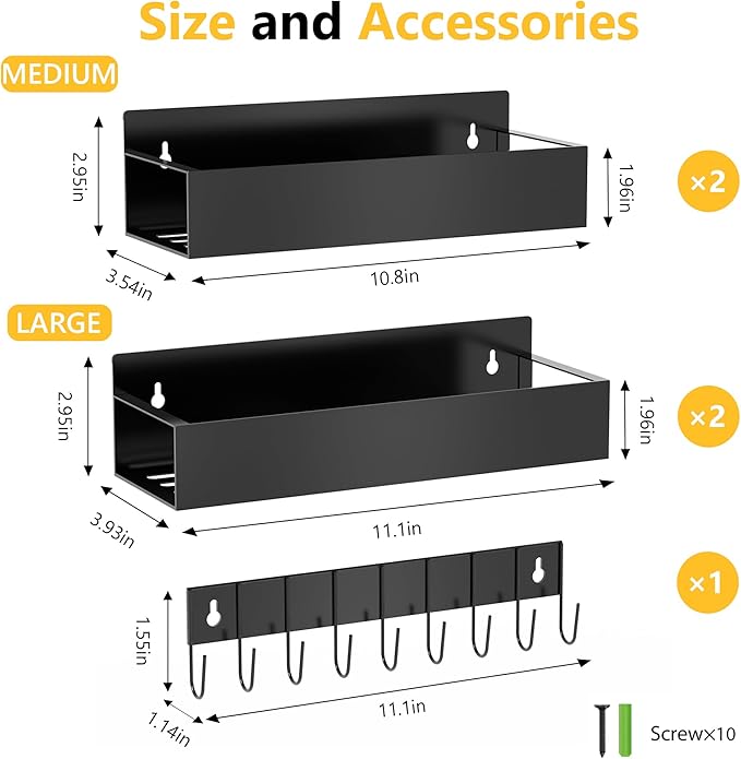 Magnetic Spice Rack for Refrigerator Seasoning Organizer for Spice Fridge Shelf storage Magnetic Shelf with Hook for Oven (4pack1hook-Black)
