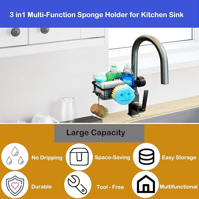 Sponge Holder for Kitchen Sink Smiley Face Sponge Holder Over Faucet - Stainless Steel Sink Caddy Organizer with Quick Stone Drying Mat (Black)