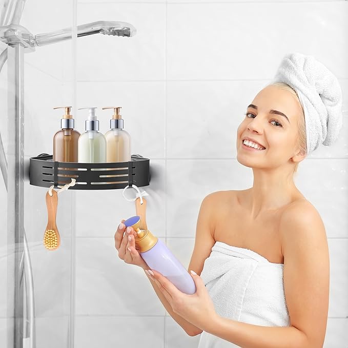 Corner Shower Caddy Shelves - Suction Cup Shower Organizer Shelf with 2 Hooks, Adhesive Bathroom Wall Hanging Storage, No Drilling Rustproof Stainless Steel Caddies for Bath Inside Shower