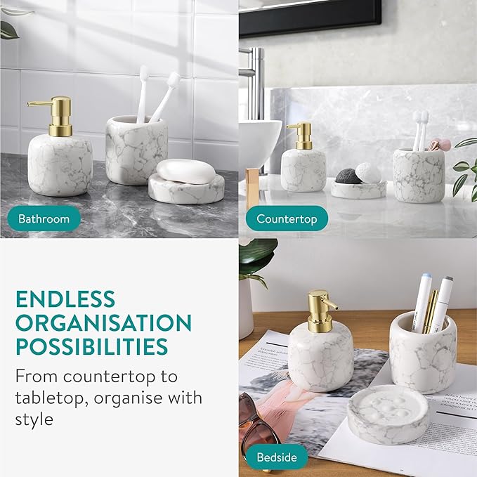 Navaris Ceramic Bathroom Sink Accessories Set - Complete 3pc White Marble Effect Accessory Set - Soap Dispenser, Toothbrush Holder & Tray - Sets for Bathrooms and Kitchen Sinks