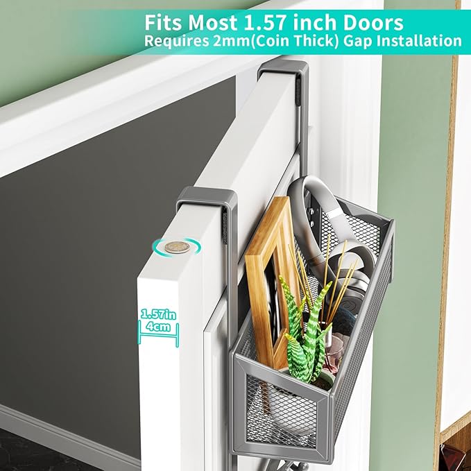 HapiRm Over The Door Hooks - Easy Installation Door Hanger with Basket and 16 Hooks, 304 Stainless Steel Storage Organizer for Towels, Coats, Bathroom, Kitchen, Dorm-Grey
