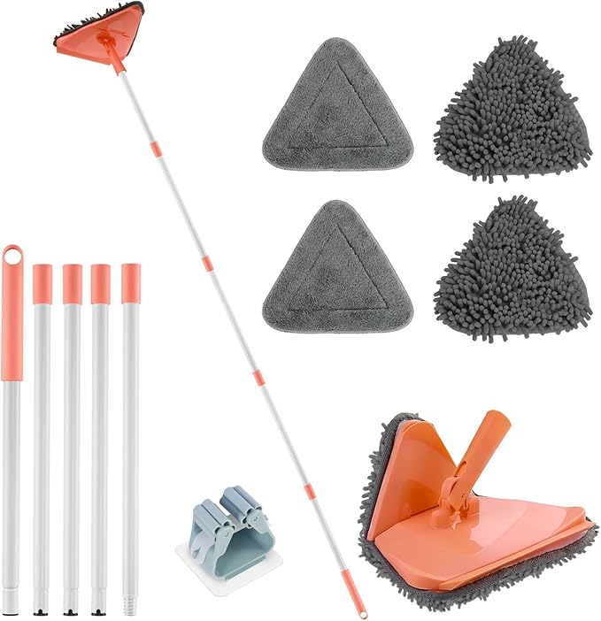 Wall Cleaner Triangle Mop with 82'' Long Handle - Wall Scrubber, Cleaning Washer Tool with 4 Microfiber Chenille Duster Pads for Clean Walls, Ceiling, Windows, Baseboards, Floors (Orange)