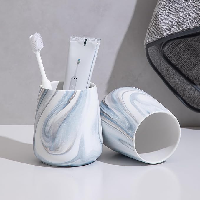 Marble Blue Toothbrush Holder for Bathroom - Ceramic Tooth Brushing Holders, Toothbrush Cup, Toothpaste Organizer for Bathroom Countertop, Makeup Brush Holder, Pen Holder for Home Desktop Storage