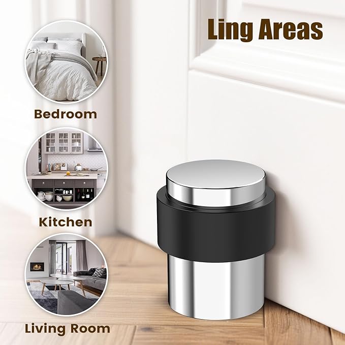 4 Pack Silver Mirror Finish Door Stoppers for Floor Mounting， Door Stopper Heavy Duty，304 Stainless Steel Cylindrical Made with Rubber Bumper，Floor Mount Door Holder Keep Door Open