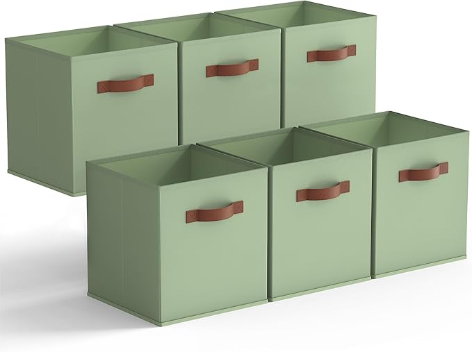 GRANNY SAYS 13 Inch Storage Cubes Organizer, Decorative Cube Storage Bins, Fabric Storage Bins with PU Handles, Collapsible Cubes Bins, Storage Cubes for Shelves, Closet, Green, 6-Pack