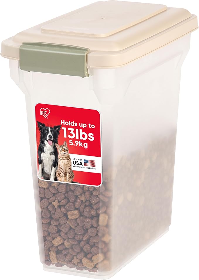 IRIS USA 13 Lbs / 15 Qt WeatherPro Airtight Pet Food Storage Container, for Dog Cat Bird and Other Pet Food Storage Bin, Pet Supplies, Keep Fresh, BPA Free, Clear/Almond