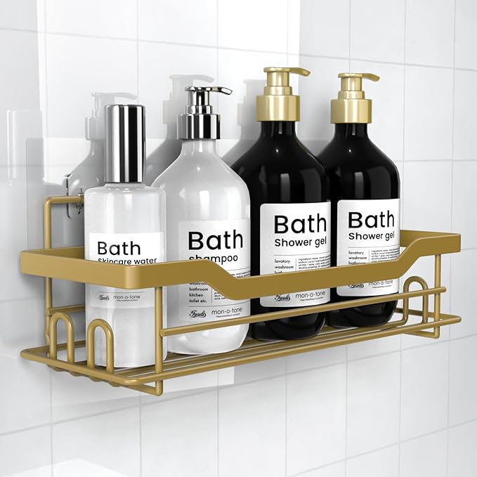 Shower Caddy Shelves Organizer Rack, Single Pack Shower Caddy, Shelves for Shampoo Soap Bathroom Waterproof Adhesive Holder, No Drilling Wall Mounted Self, Matte Gold