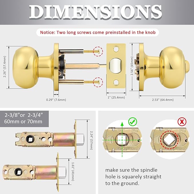 Probrico Privacy Door Knobs Lock Interior Bedroom Bathroom Door Handle Polished Brass Round Ball Keyless Lockset 5 Pack