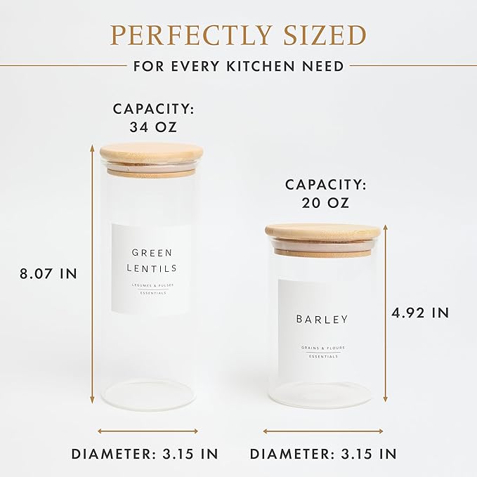 Livabl Glass Pantry Storage Containers with Lids- 420 Pantry Labels– Set of 12 (8 x 20oz& 4 x 34oz) Glass Canisters with bamboo lids-Perfect Pasta Storage Containers-AIrtight-Kitchen Canisters