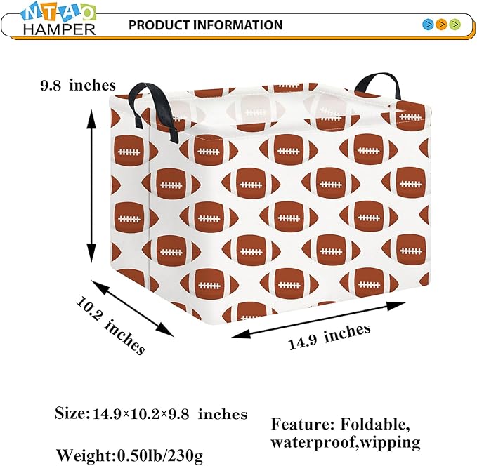 Rectangular Football Storage Basket Empty,Collapsible Gift Basket with Handles,Toys/Books Box,Room Decor(American Football)