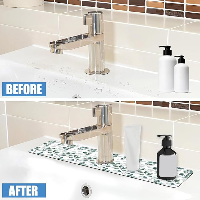 Sink Faucet Absorbing Mat Green Eucalyptus Leaf Sink Splash Guard Drying Mat for Kitchen Bathroom Faucet Sinkmat 23.5"X5.5"