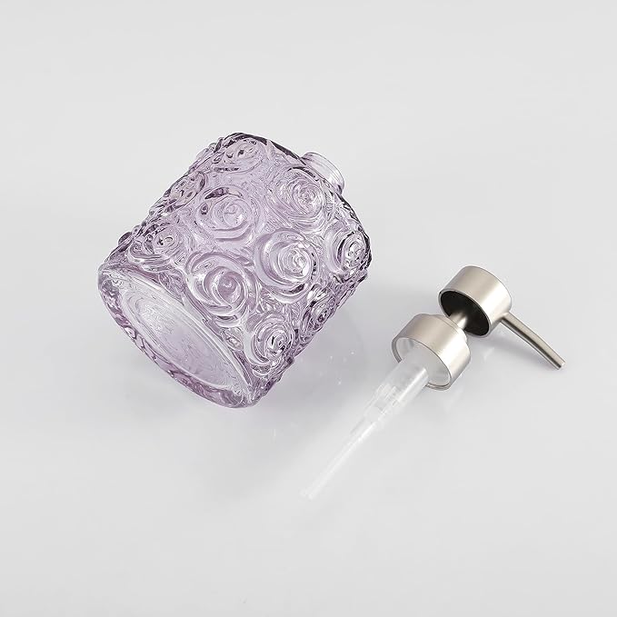 Marcella Glass Soap Dispenser with Soap Pump, Refillable 14 Ounce Capacity, Floral Design Rose Patterns, Heavy Weight Thick Glass for Bathroom, Premium Kitchen Soap Dispenser (Lavender Frost)