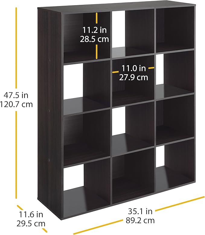 Whitmor 12 Cube Storage Organizer, 4 Tier Stackable Mdf Wood Bookcase, Open Storage Display Bookshelf, Storage Cabinet for Living Room, Bedroom, Home, Office, 35.1"L x 11.7"W x 47.5"H, Espresso