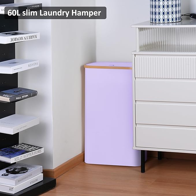 Slim Laundry Basket,60L Laundry Hamper with Lid, Tall Hamper for Laundry,Dirty Cloth Hamper with Bamboo Handle for Toys,Towels, Clothes Organizing,Purple
