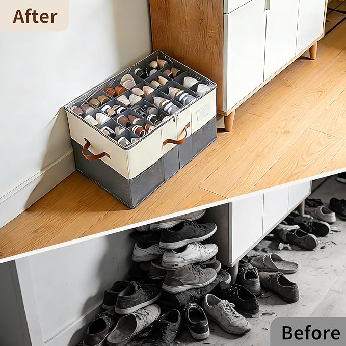1 Pack Shoe Organizer for Closet Fit 12-24 Pairs with Adjustable Dividers, Large Foldable Shoe Storage Containers Box Bin w with Clear Lid and 4 Handles,with 2 mesh pockets,with Category Lable