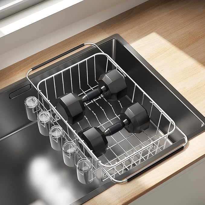Small Dish Drying Rack in Sink, Extendable Stainless Steel Dish Drainers for Kitchen Counter, Anti-Rust Dish Dryer Rack with Utensil & Cup Holders, for Inside Sink, Over The Sink(for 1-2 People)