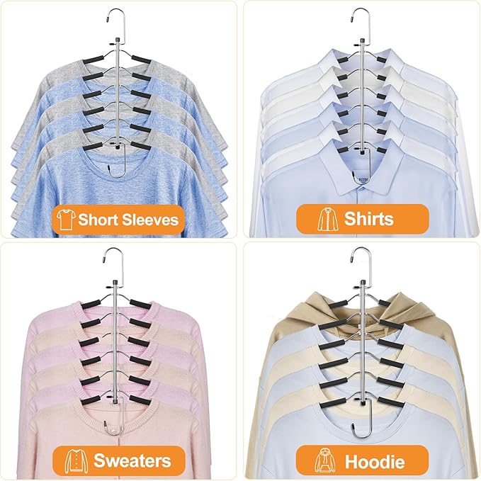TOPIA HANGER Clothes Hanger Space Saving, 6 Tier Shirt Coat Hangers Space Saving No Bump Shoulder Hangers with No Slip Foam Padded Hangers Organizers and Storage for Men and Women 4 Pack-CT65B