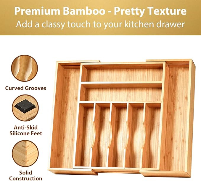 Umilife Large Expandable Kitchen Silverware Utensils Drawer Organizer, 2.5" Extra High Adjustable Drawer Divider with Curved Grooves, Bamboo Wood Cutlery Tray Flatware Holder