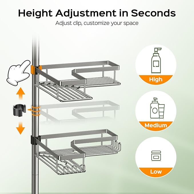 HAMITOR Shower Caddy Tension Pole: 4-Tier Corner Rustproof Bathroom Organizer with Soap Holder - No-Drill Adjustable Shower Shelf for Renters - Small Space Storage Rack for Apartment - 47-123 Inch