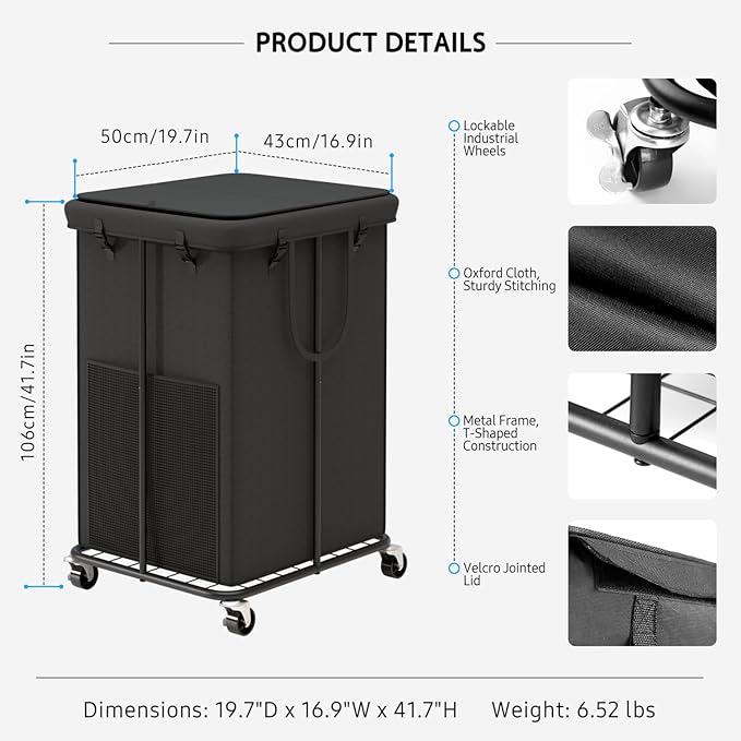 Large Laundry Hampers with Lid, Oxford Fabric Laundry Hampers, Metal Frame and Removable Bag Design with Wheels, Suitable for Bedroom, Bathroom, Dorm Room, Laundry Room (Black with Lid)