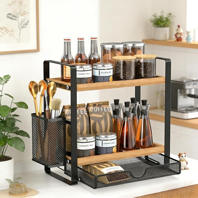 2 Tier Spice Rack Organizer for Countertop with Drawer and Basket, Suitable for Coffee Organizer, Kitchen Counter Storage, Bathroom Storage