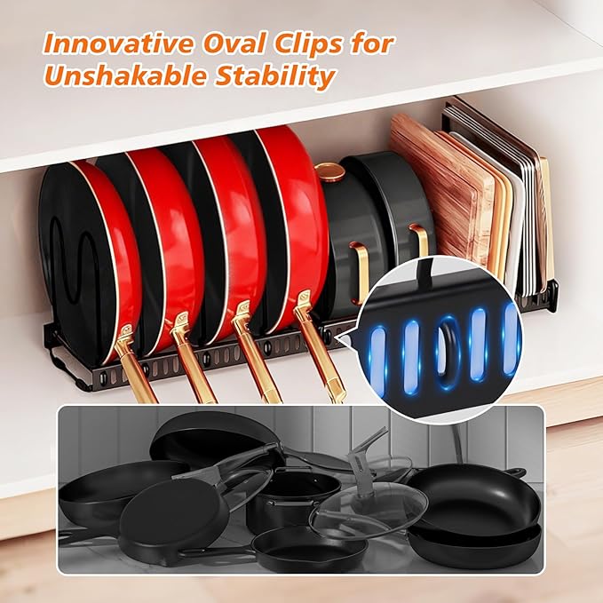 Pot and Pan Organizer Rack for Under-Cabinet Storage - Adjustable Kitchen Cabinet Organizer with 13 Dividers, Expandable Cutting Board Holder & 6 Non-Slip Silicone Pads-Black