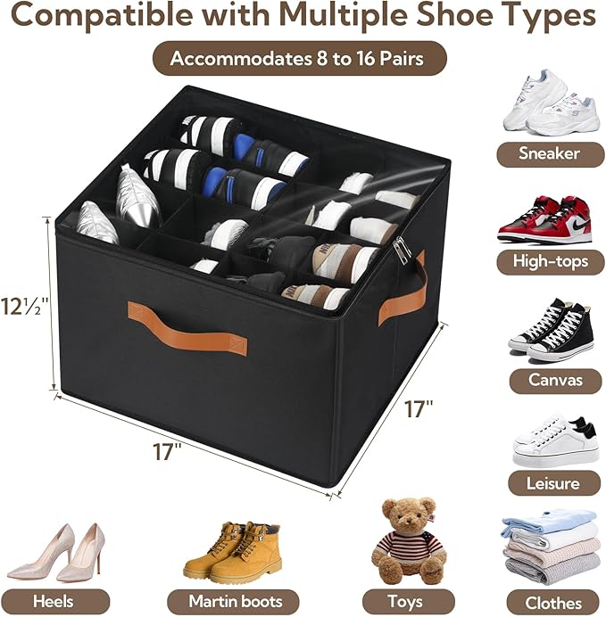 2 Pack Shoe Organizer for Closet, Foldable Shoe Storage Bins with Clear Cover and Adjustable Dividers, Fits up to 16 Pairs, Large Shoe Box Storage Containers with Reinforced Handles (Black)