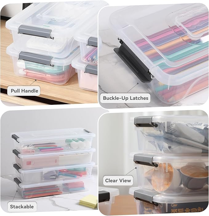 novelinks Clear Stackable Storage Bins with lid Storage Boxes Durable Plastic Organizer Containers for Home Office, Kitchen, Craft Supplies (4 Quart 8 Pack)
