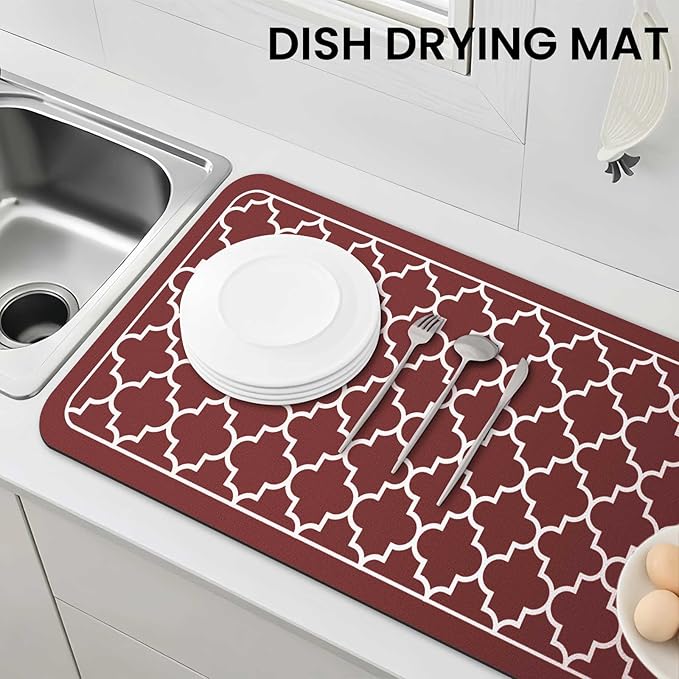 WISELIFE Dish Drying Mat Super Absorbent Drying Mat Large Dish Drying Mats for Kitchen Counter Easy Clean Dish Mat Kitchen Drying Mat18"x 36" Stylish Red