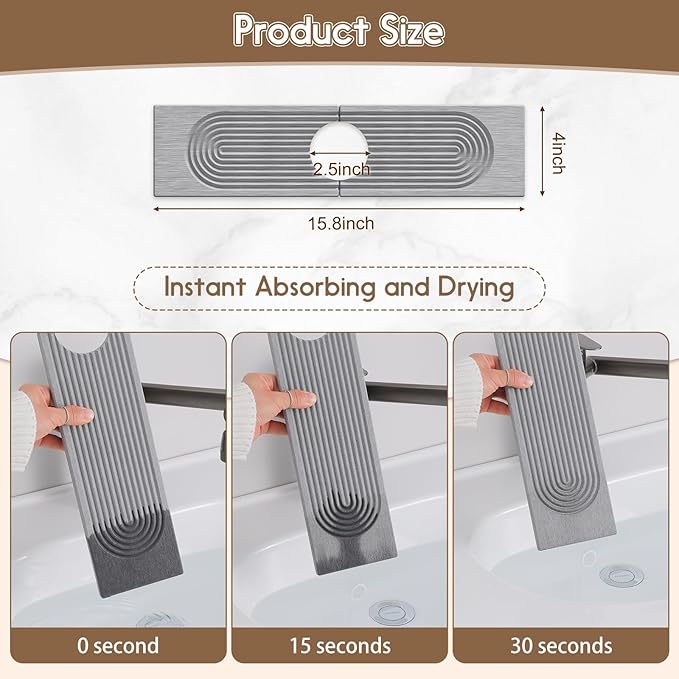 Faucet Mat for Kitchen Sink, Diatomite Quick Drying Tray , 15.8 Inch Kitchen Sink Splash Guard and Bathroom Stone Tray for Counter. Super Absorben.Deep Grey