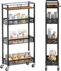 DGSNADGO Slim Rolling Storage Cart, 4-Tier Kitchen Cart on Wheels, Narrow Utility Cart with Handle and Wooden Tabletop for Small Space in Kitchen, Living Room, Bathroom, Rustic Brown and Black